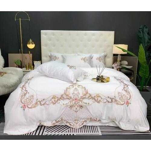 White Embroidery 60S Satin Washed Silk Bedding Set Cotton Duvet Cover Bed Linen Fitted Sheet Pillowcases Bedclothes King Queen