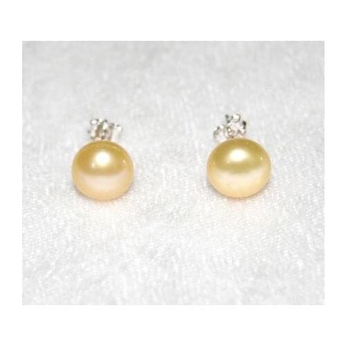 New Favorite Pearl Gream Yellow 8mm Freshwater Pearl Stud Earrings S925 Silver Jewelry Fine Wedding Party Lady Gift