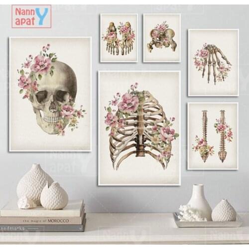Flower Bone Anatomy Diagram Art Painting Skull Spine Medical Poster Clinic Hospital Wall Decoration Vintage Home Decoration