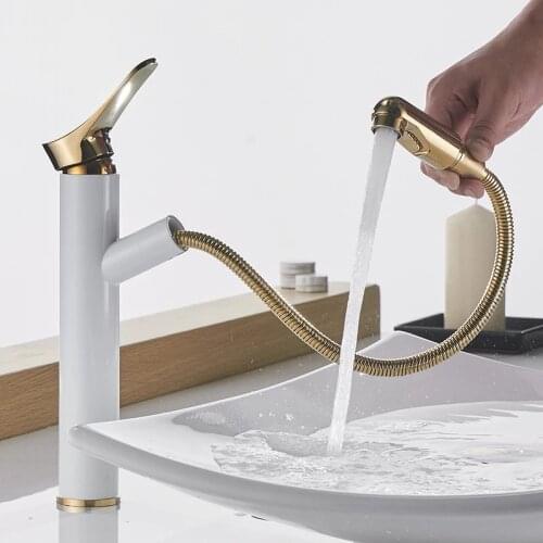Bathroom Basin Faucet Pull Out Spray Nozzle Hot & Cold Solid Brass 360 Degree Rotating Sink Mixer Tap Single Handle Rose Gold
