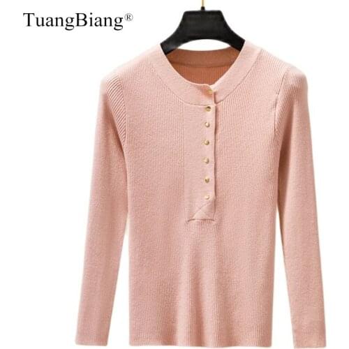 TuangBiang Knitted O-Neck Button Women Long Sleeve Sweaters 2021 Autumn Winter Basic Elastic Pullover Ladies Fashion Pink Jumper