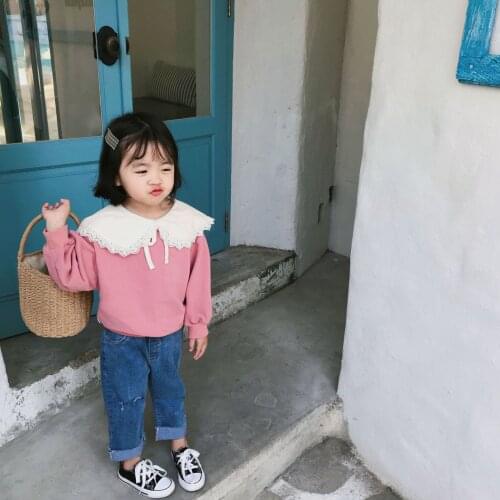Spring lacework turn-down collar long sleeve kids sweatshirt baby girls cotton casual hoodies kids clothes girls