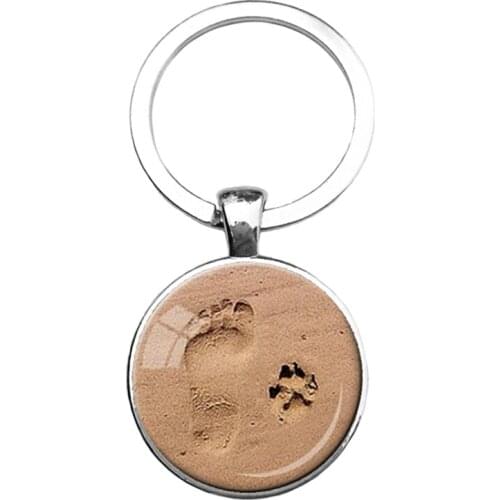 Vintage Dog Paw Footprint Keychain Round Glass Dome Cabochon Pendant Key Chain Memorial Pet Jewelry Accessories