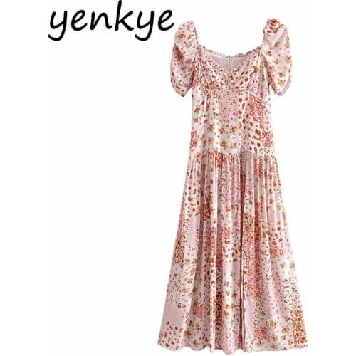 YENKYE Patchwork Floral Long Dress Women Sexy V Neck Short Sleeve Hem Slits Vestido Mujer Summer Holiday Bohemian Dress