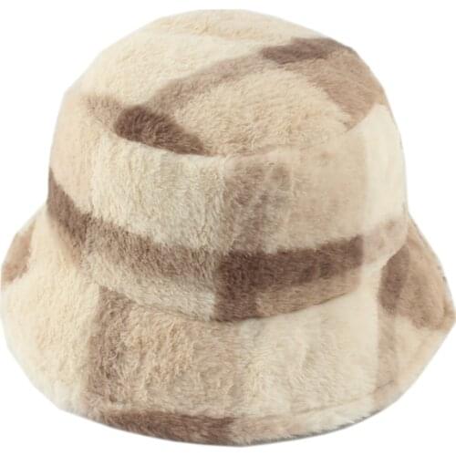 Faux Fur Winter Hats For Women Plaid Print Warm Bucket Hat Men Panama Fisherman Caps Gorras