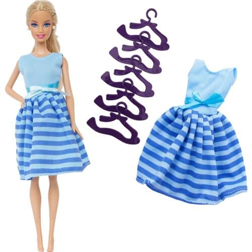 6 Items/Lot = 1x Handmade Fashion Blue Dress Skirt + 5x Purple Plastic Hangers DIY Accessories Clothes for Barbie Doll Kids Toy