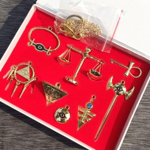 8pcs/set Yu Gi Oh necklace keychains pendant Millenium emperors cosplay key Triangle logo alloy pendant cosplay gift