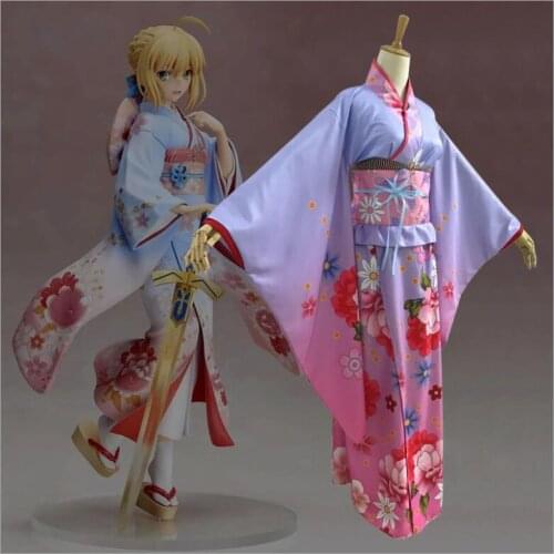 Anime Fate Stay Night Cosplay Saber Kimono Custome Cosplay Kimono+Belt+Bow at back+Headdress+Waistband