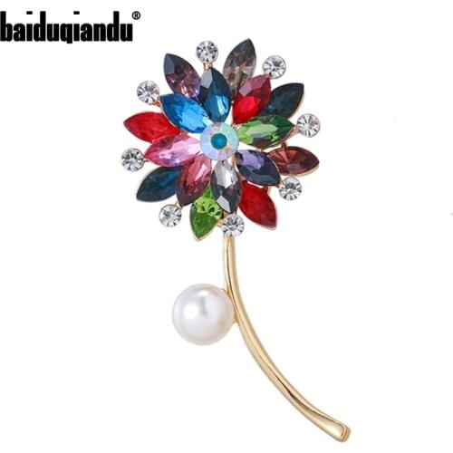 Baiduqiandu Colorful Crystal Flower Brooches For Women Rhinestone Pearl Plant Brooches Pins New Arrival
