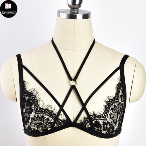 Black Lace Top Bralette Elastic Strap Soft Bondage Body Harness Bra Goth Sexy Lingerie See Through Rave Harness Cage Bra