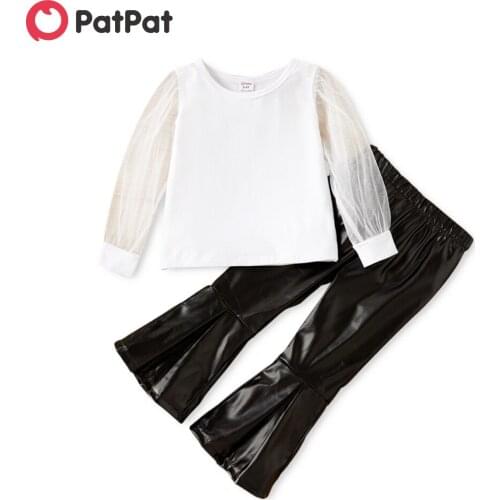 PatPat 2-piece Toddler Girl Mesh Long-sleeve White Blouse and PU Leather Flared Pants Set