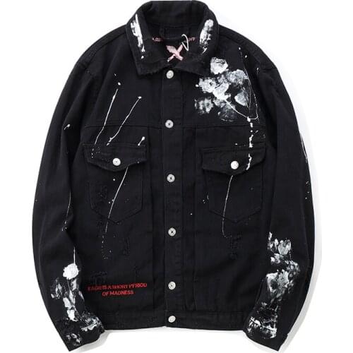 Mens streetwear graffiti applique print denim jacket hip hop fashionable fashionable loose cotton motorcycle casual denim jacke