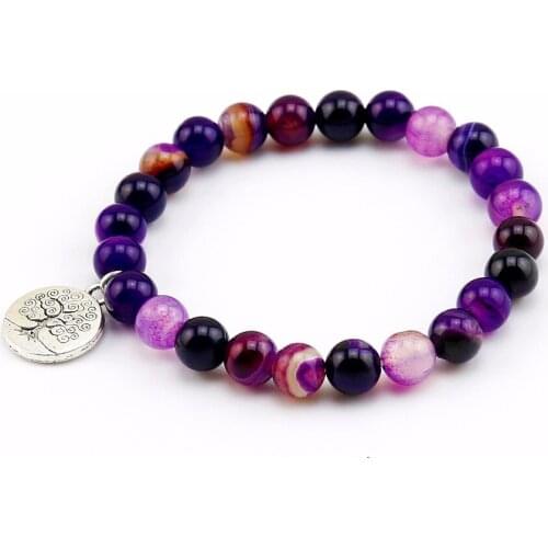 8MM Natural Purple Stripe Onyx With Tree Life Elastic Bracelets Stretch Beaded Bracelets Boho Yoga Bracelet Holiday Bracelet