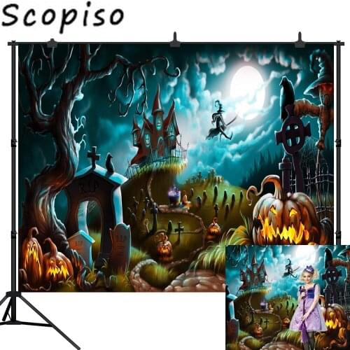 Scopiso Photo Background Halloween Castle Photography Backdrop Night Witch Crows Pumpkin Moon Cemetery Cartoon Photostudio Props