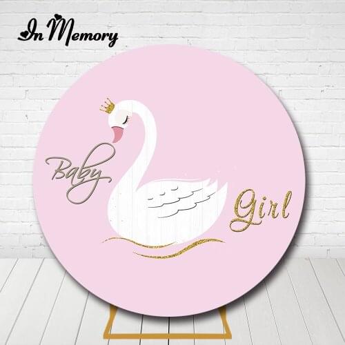 InMemory Baby Pink Swan Round Backdrop Cover Girls Newborn Baby Shower Baptism White Crown Customized Name Circle Background