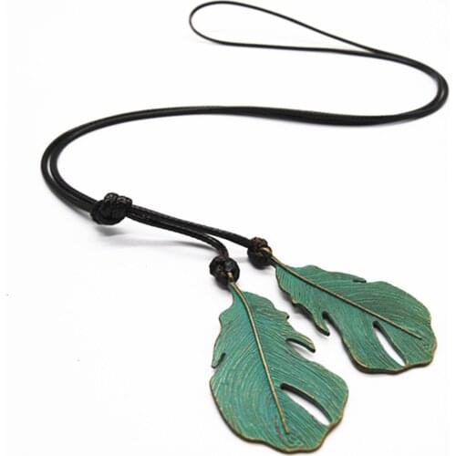 Ethnic Green Leaf Fashion Trendy Collar Vintage Charms Pendant Leather Pendants Necklace Women Sweater Chain Jewelry