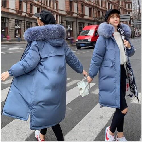 Two Sides Can Be Wore 2019 fashion Women Winter Jacket With Fur Hooded Long Padded Female Coat Outwear Print women Parka Z81