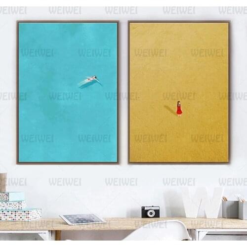 Cartoon Girl Swim Nordic Posters and Prints Wall Art Canvas Painting Blue Watercolor Art Wall Pictures Kids Room Girls Decoratio