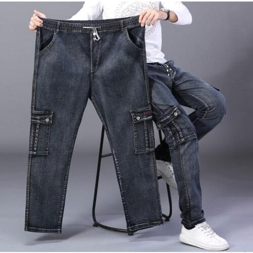 Mens High Waist Jeans Straight Large Size Dinem Trouser Male Black Jeans Side Multi Pocket Blue Loose Elastic Band Cargo Pants