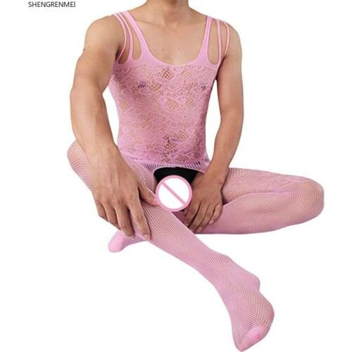 SHENGRENMEI Men Lingerie Open Crotch Jumpsuit High Elastic Pantyhose Sexy Body Stockings Gay Mens Underwear Fishnet Bodysuit