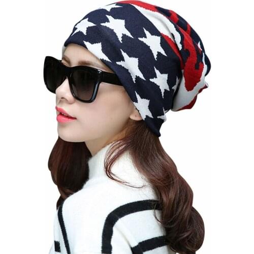 Autumn Winter Beanies Womens Winter Hats Knitted Cotton Print Skullies Casual Cap Gorros Bonnet Femme Hat for Girls