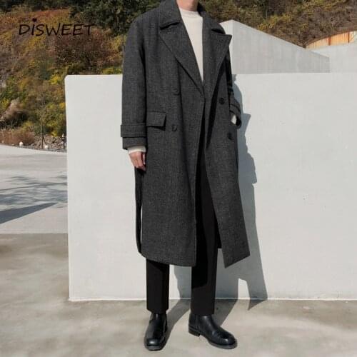 Thick Solid Woolen Coat Men Korean Long Sleeve Loose Belt Long Mens Coat Double Breasted Warm Slim Winter Woolen Coat Boy 2020