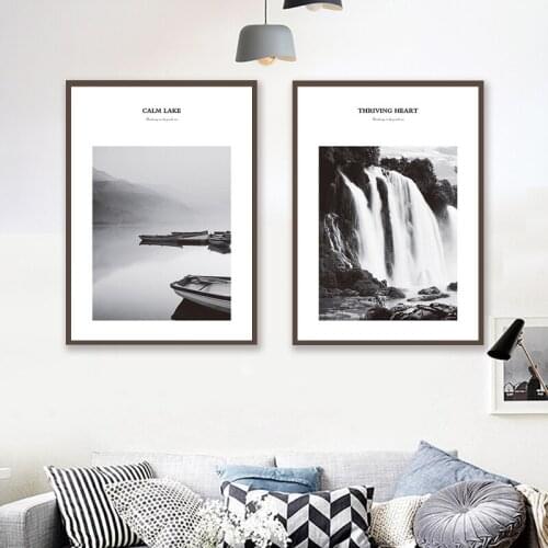 Calm Lake and Waterfall Landscape Black and White HD Photo Canvas Poster Print Scandinavian Nordic Style for Living Room 3-40