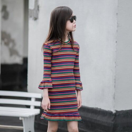 2020 New Spring Summer Flare Sleeve Girls Dress Children Colorfull Princess Frocks Fashion Teens Girls Stripes Party Vestido