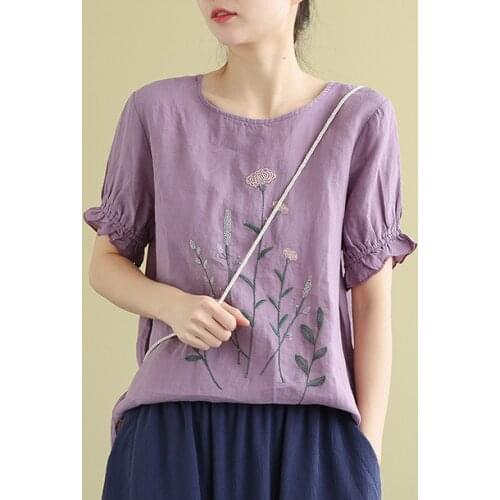 21Summer Shirts Women Vintage Embroidery Floral Loose Petal Sleeve Wild Female Fashion LinenTees