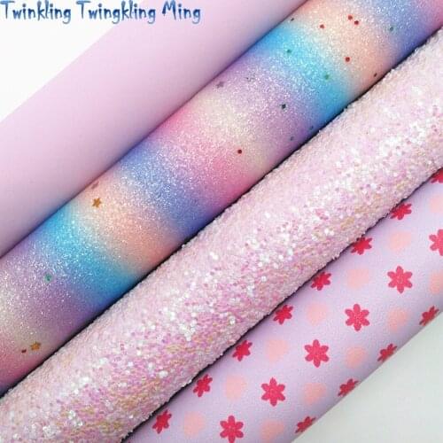 Light Purple Glitter leather, Rainbow Glitter Fabric, Flowers Printed Synthetic Leather For Bow A4 21x29CM Twinkling Ming KM286