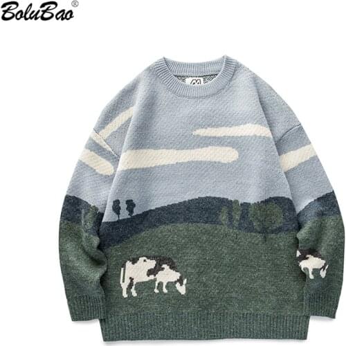 BOLUBAO Cows Prairie Vintage Korean Fashions Sweater Mens 2021 Winter Pullover Casual Harajuku Sweater Male