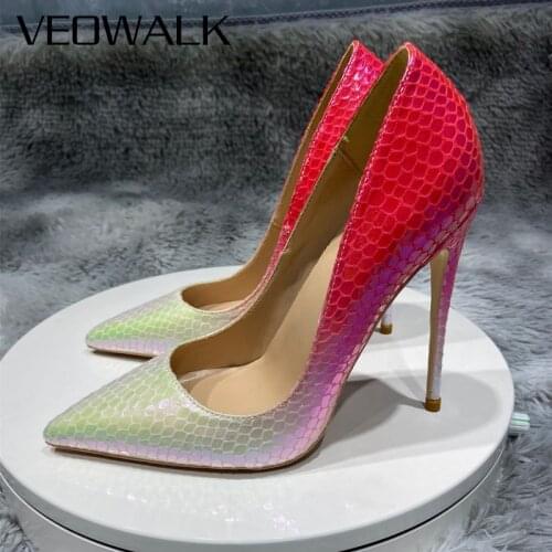 Veowalk Gradient Red Women Snakeskin Pattern Pointy Toe High Heels Gorgeous Ladies Sexy Stletto Pumps Party Dress Shoes 33-45