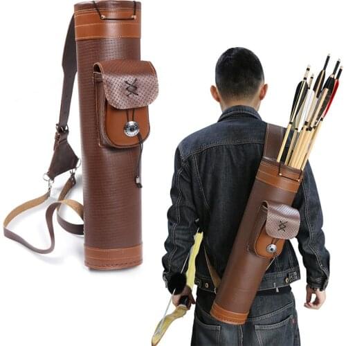 Genuine Leather Back-mounted Quiver Traditional Bow Arrow Holder With Large Pouch Handmade Straps Belt Shoulder Pack