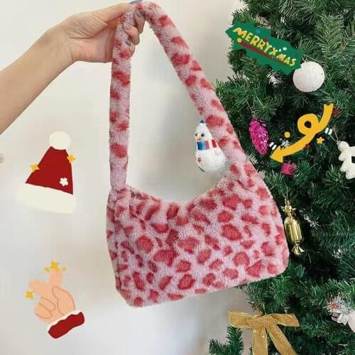 2021 Winter Cow Print Underarm Bags For Women Soft Plush Pink Leopard Small Shoulder Bags Female Warm Fluffy Tote Bags