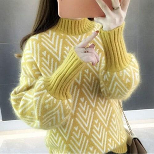 2021 Winter Women Print Knitted Sweater Female Elegant Print Pullovers Loose Sweaters Ladies Fashion Long Sleeve Clothes H146