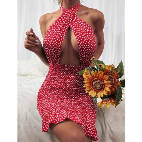 Women Floral Print Mini Dress 2021 Summer Sleeveless Halter Cross Bandage Ruffle Dress Bohemian Beach Sexy Elegant Dresses