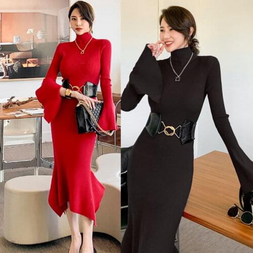 Elegant Korean Winter Vestidos Women Office Knitting dress Thickening Turtlenect Warm Long Dress Casual Female Sweater Dresses
