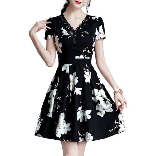 Elegant Dress Short Sleeve Floral Print Black Plus Size High Waist Women Summer Vestidos De Verano Sukienka Vadim Vintage 8459