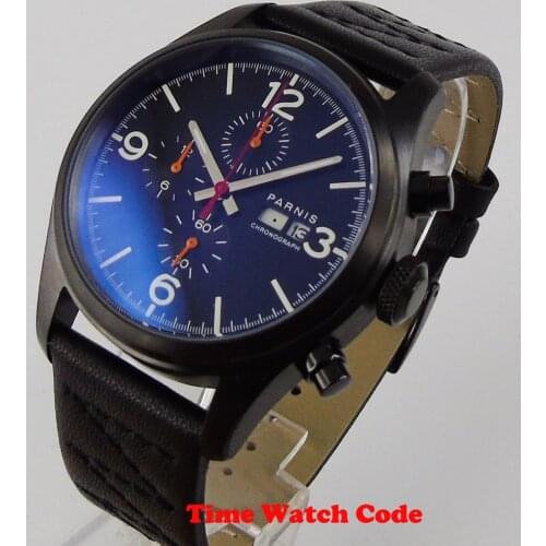 PARNIS 42mm Full Chronograph Quartz Mens Wristwatch Black Dial week display Auto Date Calendar PVD Coated seconds dial watch