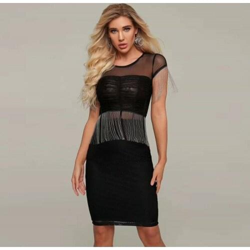 Black Mesh Fashion Tassel Round Neck Vestidos 2019 New Arrivals Bandage Sexy Bodycon Short Sleeve Elegant Party Women Dresses