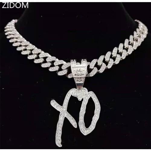 Men Women Hip Hop Iced Out Bling XO Letter Pendant Necklace with 13mm Miami Cuban Chain Necklaces Hiphop Fashion Jewelry