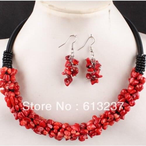 Wholesale price fashion 6X4mm natural red coral chip irregular beads rope necklace earrings jewelry set 18inch GE1164