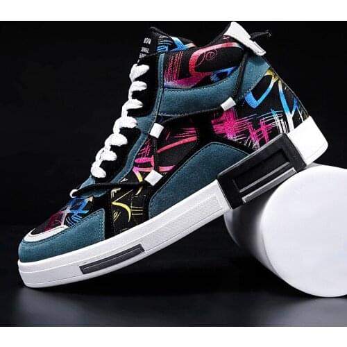 New Autumn Blue Men High Top Luxury Chunky Sneakers Comfortable Men Casual Shoes Graffiti Printed Fashion Shoes Zapatilla Hombre