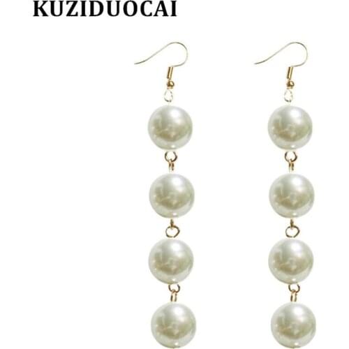 Kuziduocai New Fashion Jewelry Bohe Punk 4 Large 12mm Pearl Tassel Long Statement Drop Earrings For Women Aretes Brincos E-876