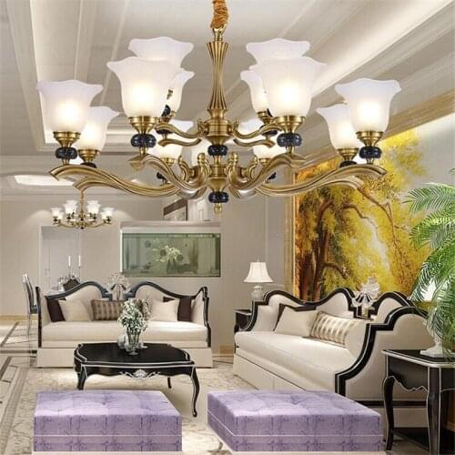 L91-Luxury European-style copper chandeliers office hotel lobby living room home aisle villa duplex floor simple jade lamp