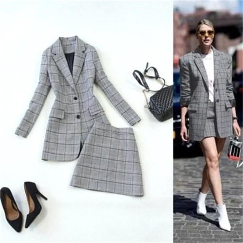 Fashion Plaid Suit Female Large Size Autumn New Slim Long Style Suit + A Word Skirt Plaid Two-piece Suit women