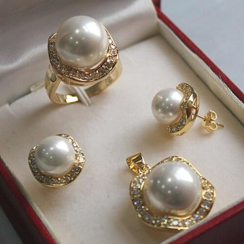 Special set 5 shell pearl pendant(14mm), earing(10mm), , ring(14mm) set