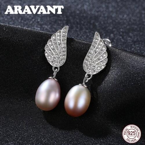 Natural Freshwater Peal 925 Sterling Silver Wing Cz Drop Earrings For Women Genuine Jewelry White Pink Gray Dangle Earrings