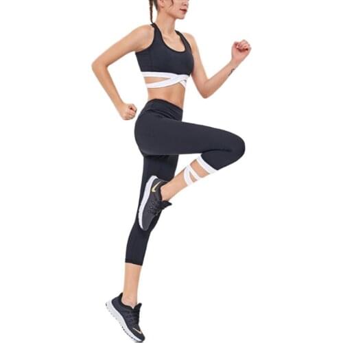 New yoga suit women gather shockproof sports bra quick-dry slim nude tights two-piece set
