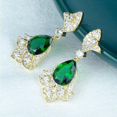 New hot brand pure 925 sterling silver delicate flower earrings, green water drop lady gold jewelry. Daily party accessories